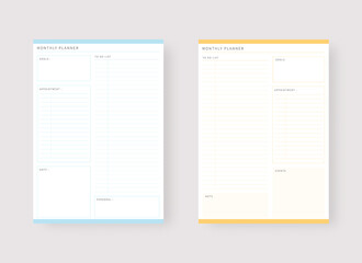 Modern planner template set. Set of planner and to do list. Monthly planner template. Vector illustration.