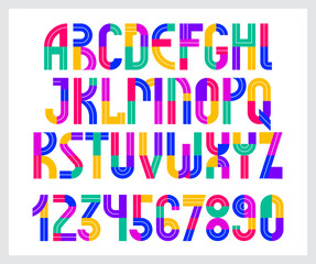 Children colorful geometric font vector alphabet, kid play game typeset, original letters can be used for logo creation, uppercase and numbers.