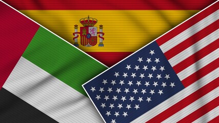 Spain United States of America United Arab Emirates Flags Together Fabric Texture Effect Illustration