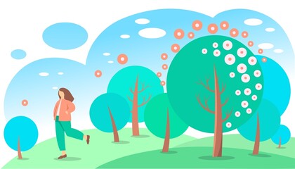 Young woman walks in the spring park or in the woods. The concept of spring and outdoor recreation. Bright colors and flat design. Isolated on white background. Suitable for banner, web, flyer. 