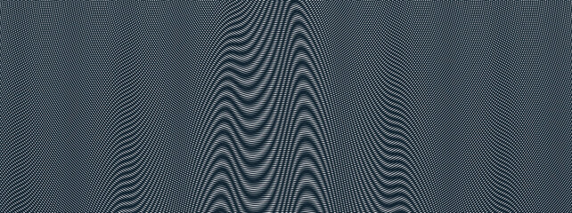 Fototapeta premium Moire vector abstract background, linear contrast virtual digital effect image, hypnotic texture, optical art trendy modern style, black and white distorted grid.