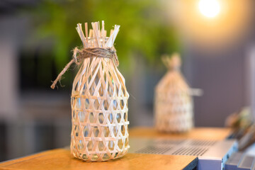 Small Wicker round bamboo basket decoration on the table