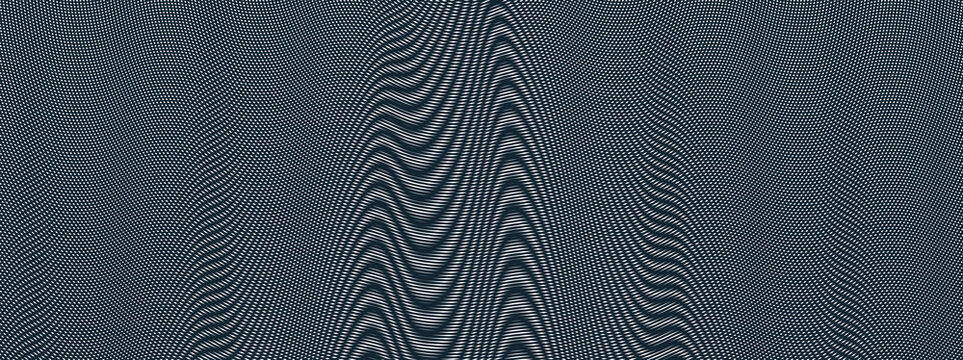 Moire vector abstract background, linear contrast virtual digital effect image, hypnotic texture, optical art trendy modern style, black and white distorted grid.