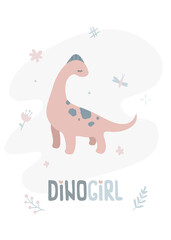 Vector poster with cute dino girl. Creative kids illustration for fabric, textile, apparel, nursery wall.