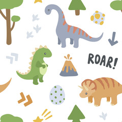 Vector seamless pattern with cute dino. Creative kids texture for fabric, wrapping, textile, wallpaper, apparel.