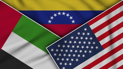 Venezuela United States of America United Arab Emirates Flags Together Fabric Texture Effect Illustration