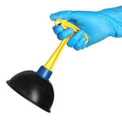 Woman holding plunger on white background, closeup. Toilet cleaning tool