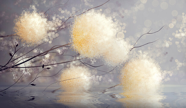 Figure Yellow dandelions on the surface of water and watercolor splashes