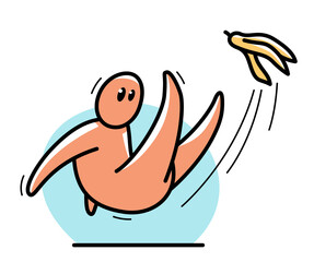 Small funny cartoon man falls because of banana skin vector flat style illustration isolated on white, failure unexpected oops concept.