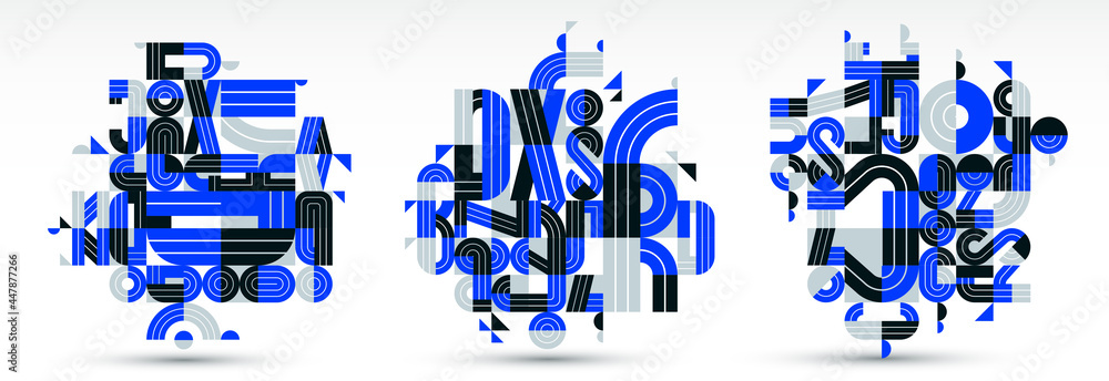 Poster dynamic messy abstract vector design compositions set, blue minimal lined modern art collection, sty