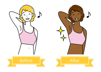 日焼サロンで小麦色のお肌にボディメイクするビフォーアフター 可愛い女性のイラスト シンプル ベクター