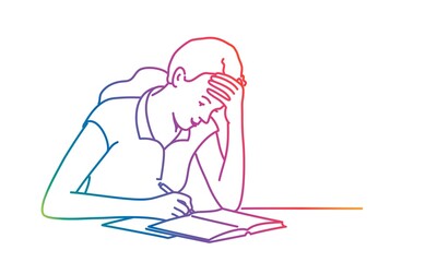 Young woman and man are sitting at the table and write letter, test.