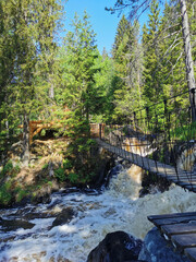 Obraz premium Pedestrian suspension bridge over the Ahvenkoski waterfall on the Tokhmayoki River in Karelia on a clear summer morning.