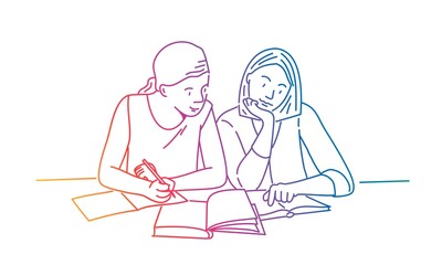 Two female students prepare for exams, studying process concept.