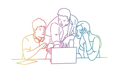 Group of students at the desk, studying process concept.