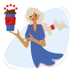American girl points to a paper cup of coffee. Young swarthy woman with blond hair advertises coffee. Vector illustration in flat style for National Coffee Day in USA. Badge, poster, postcard, flyer.