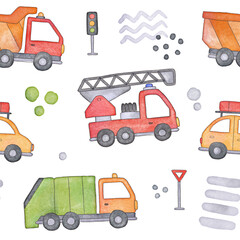 Watercolor cartoon cute baby cars seamless pattern. Texture for boyish design, wallpaper, scrapbooking, prints, clothes, fabrics, textiles, packaging. © Sonium_art
