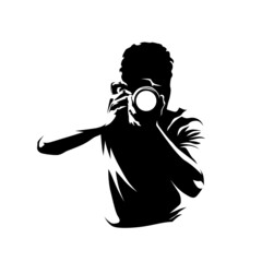 Photographer takes pictures, vector logo. Front View. Man with digital camera - obrazy, fototapety, plakaty