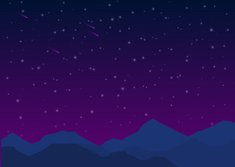 Colorful night sky with stars and mountains background