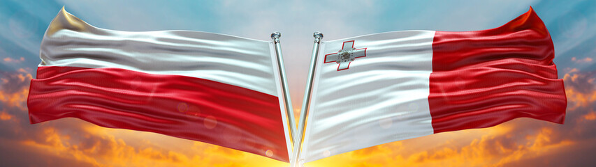 Poland Flag and Malta flag waving with texture sky Cloud and sunset Double flag  
