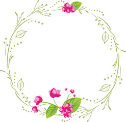 Wreath with pink flowers for postcard design