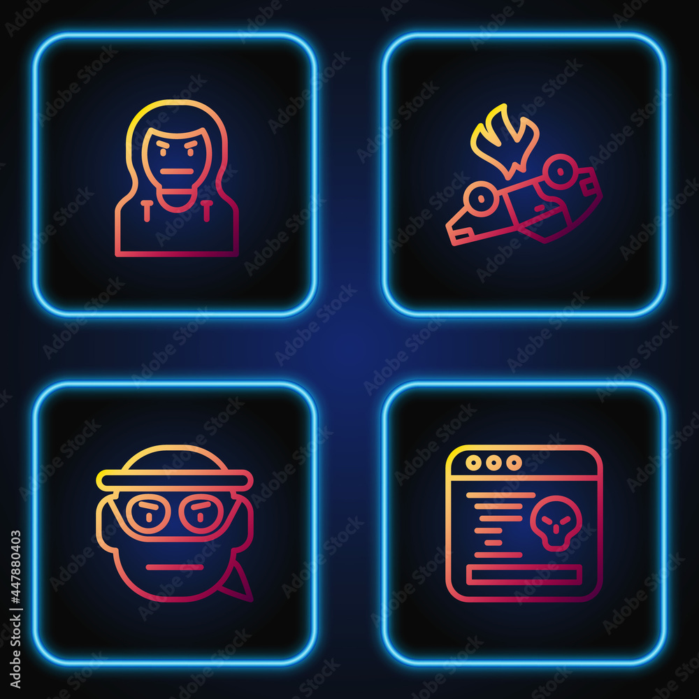 Poster set line system bug, bandit, thief mask and burning car. gradient color icons. vector