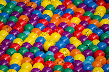 Fototapeta na wymiar Lots of colorful plastic balls with numbers.