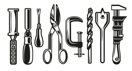 Mini set carpenter tools on white background