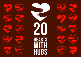 Hearts with hugs vector logos or icons set, hands holding heart care and relationship concept, support and protection theme, love yourself.