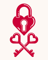 Heart shaped padlock vector logo or icon, lock and turnkey love theme in a shape of heart open or closed emotions, secret feelings concept, Valentine theme.