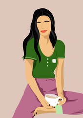 illustration, teenager sitting holding a cup coffee