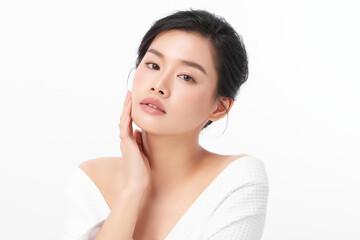 Beautiful young asian woman with clean fresh skin on white background, Face care, Facial treatment, Cosmetology, beauty and spa, Asian women portrait.