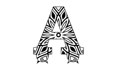 Zentangle letter A monogram font. Vector ornamental and decorative template illustration for printing on postcards, t-shirts, bags, cups, clothing, Wallpaper, posters, coloring books, interior paintin