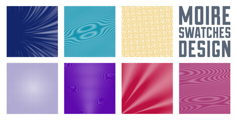 Moire vector abstract backgrounds set, linear contrast virtual digital effect images, hypnotic texture, optical art trendy modern style, color distorted grid.
