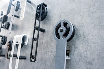 Accessories of sliding system in LOFT style. Sliding system for hanging doors