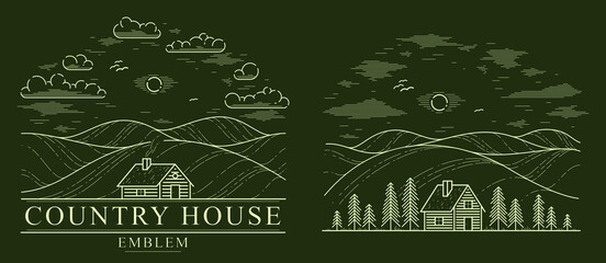 Cabin in grasslands and meadows with pine trees linear vector nature illustration on dark, log cabin cottage for rest, holidays and vacations theme line art drawing, woodhouse resort.