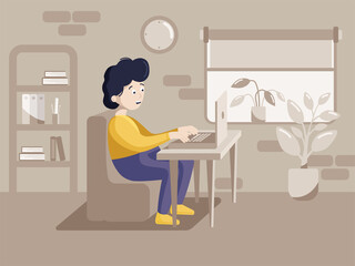 Online education concept template with a sad male student, computer, books and room on the background. Landing page template. Flat vector stock illustration.