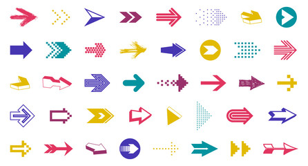 Arrow symbols big set of different shapes styles and concepts, cursors for icons or logo creation, single color monochrome logotypes.