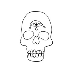Vintage Mystic Skull with third eye drawing print Illustration. Doodle skull decorated with eye of wisdom