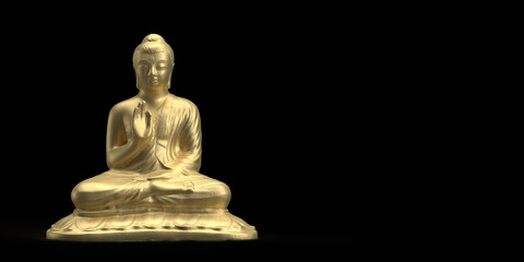 Fototapeta na wymiar Buddhism and meditation concept: Golden sitting Nirvana Buddha statue on black background with copy space. Zen-like spirituality. Religious sculpture. Travel destination. Decorative object.