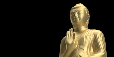 Buddhism and meditation concept: Golden sitting Nirvana Buddha statue on black background with copy space. Zen-like spirituality. Religious sculpture. Travel destination. Decorative object.