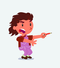 angry cartoon character of little girl on jeans with pencil points to the side.