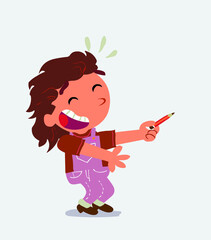 cartoon character of little girl on jeans laughs while pointing to the side with a pencil.