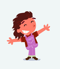 cartoon character of little girl on jeans opening arms very happy.