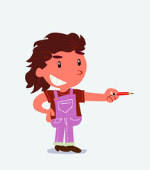 happy cartoon character of little girl on jeans points with pencil to the side.