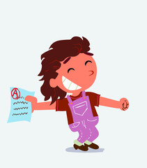 happy cartoon character of little girl on jeans rejoices with exam in hand.