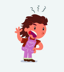 Indigned cartoon character of little girl on jeans vehemently shakes his hand.