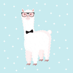 Cool llama or alpaca with a mans bow tie and glasses on a blue background with stars. Vector illustration for baby texture, textile, fabric, poster, greeting card, decor.