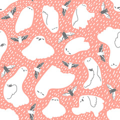 Cute pink white blue seamless pattern of ghosts and vampire bats. Vector hand drawn illustration