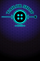 Tailor shop service. Repair and sewing of clothes. Vector Neon symbol, logo with workspace